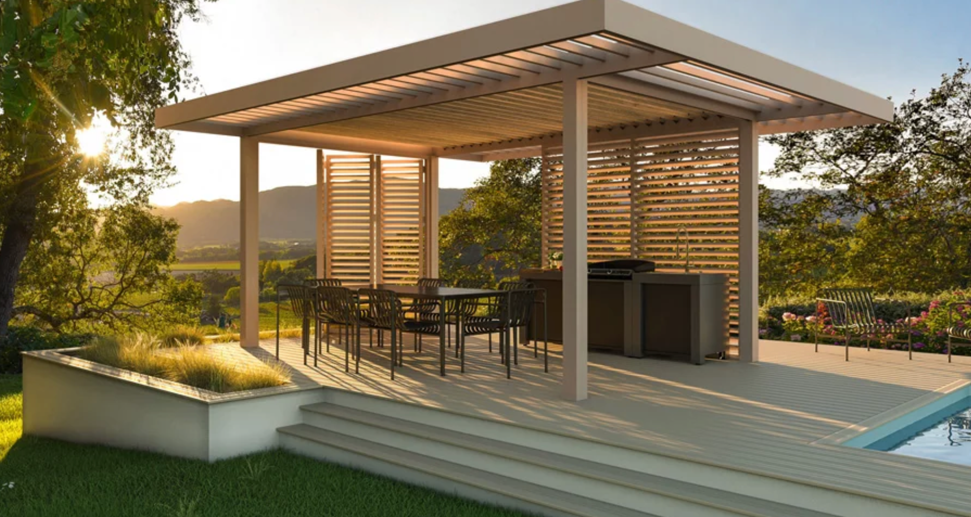 Pergola bioclimatique moderne avec lames orientables sur terrasse en bois avec vue panoramique et mobilier extérieur design