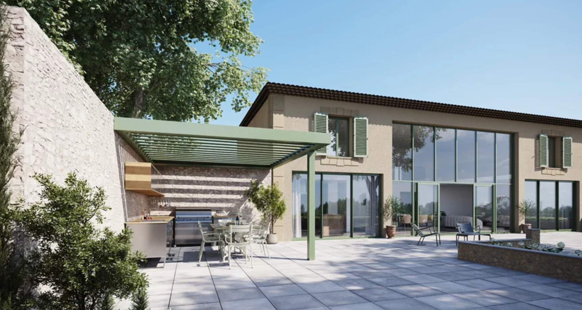 Pergola aluminium adossée à une maison avec cuisine extérieure et espace repas ombragé sur terrasse contemporaine