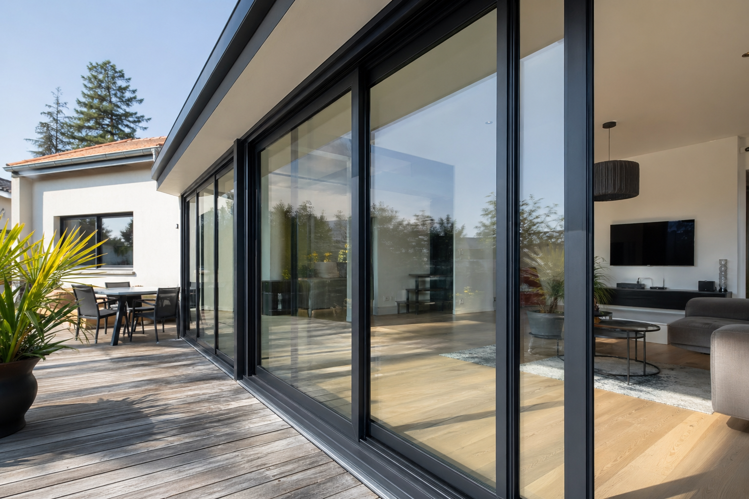 baie vitrée aluminium moderne ouverture sur terrasse maison lumineuse